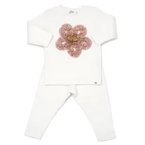 oh baby! Two Piece Set - Starburst Print Flower Applique - Cream