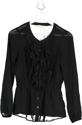 Oui Black silk Sheer Ruffle Front Blouse UK 8