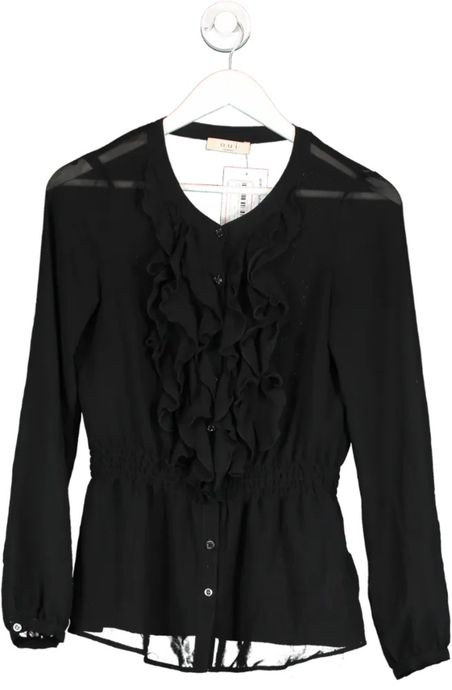 Oui Black silk Sheer Ruffle Front Blouse UK 8