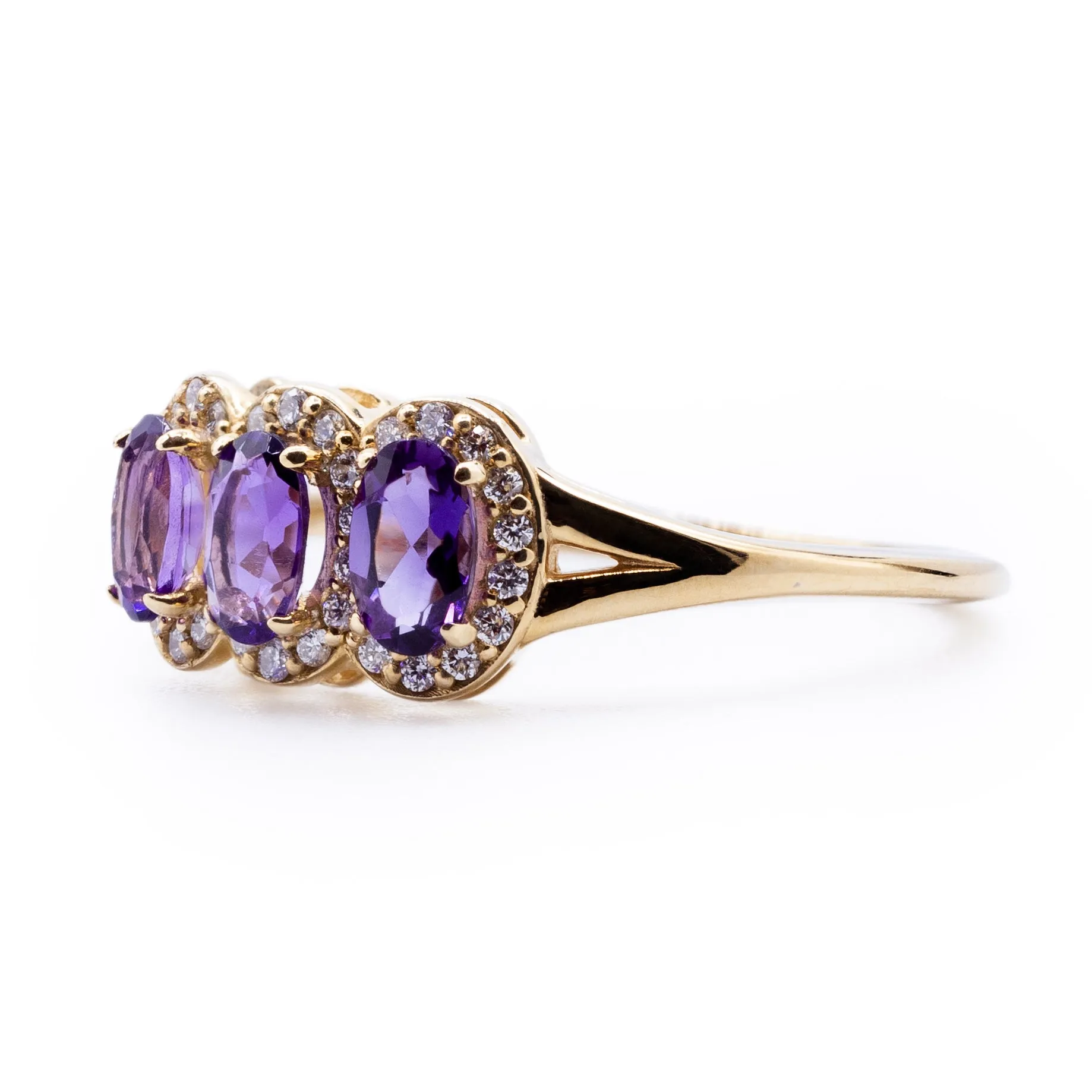 Oval Amethyst Three Stone Ring with Diamond Accented Halo on Split Shank Ring