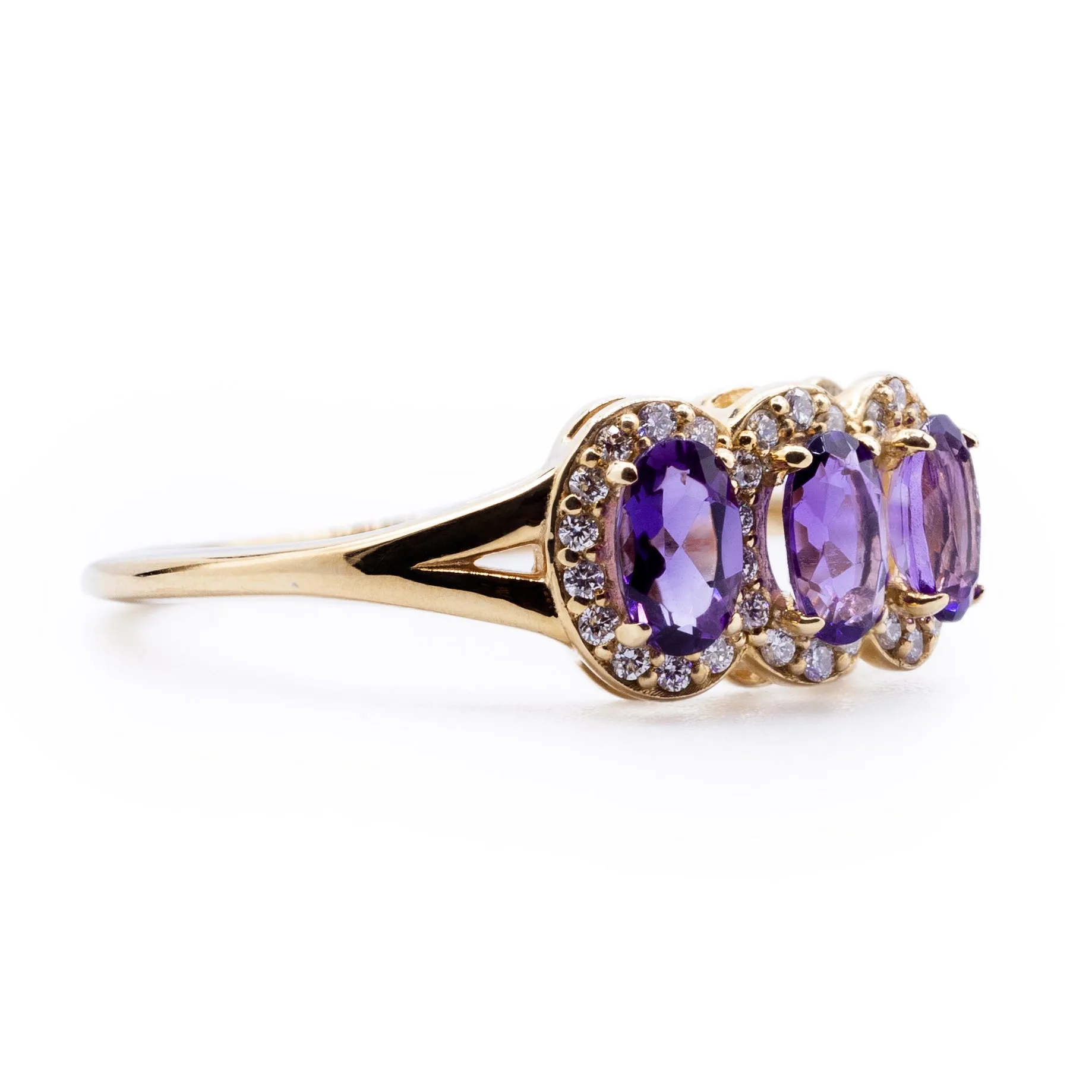 Oval Amethyst Three Stone Ring with Diamond Accented Halo on Split Shank Ring