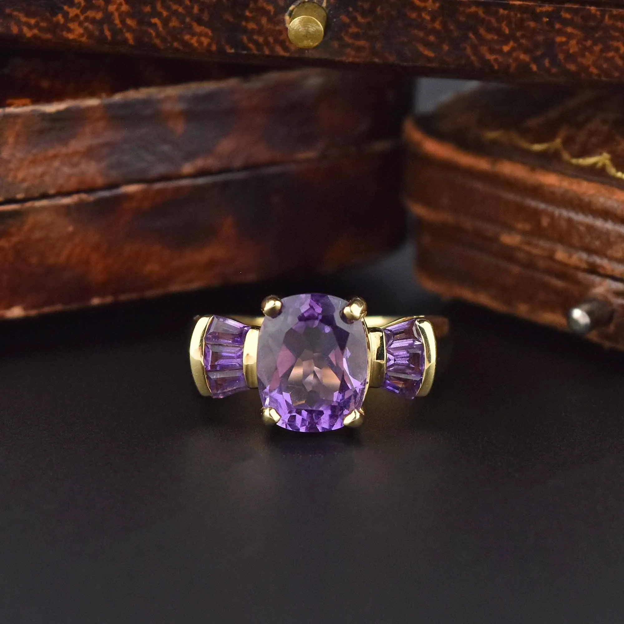 Oval Baguette Natural Amethyst 14K Gold Cocktail Ring