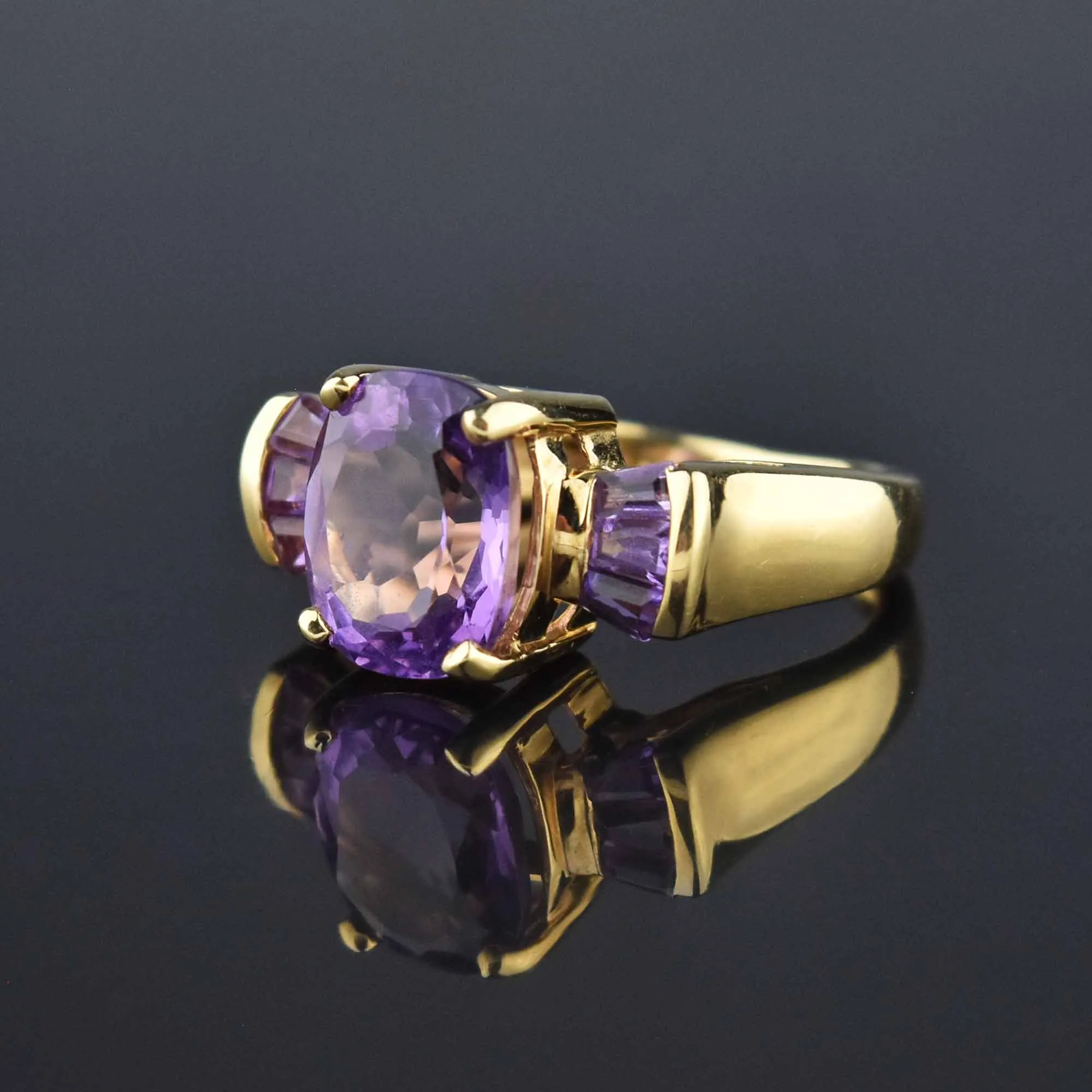 Oval Baguette Natural Amethyst 14K Gold Cocktail Ring