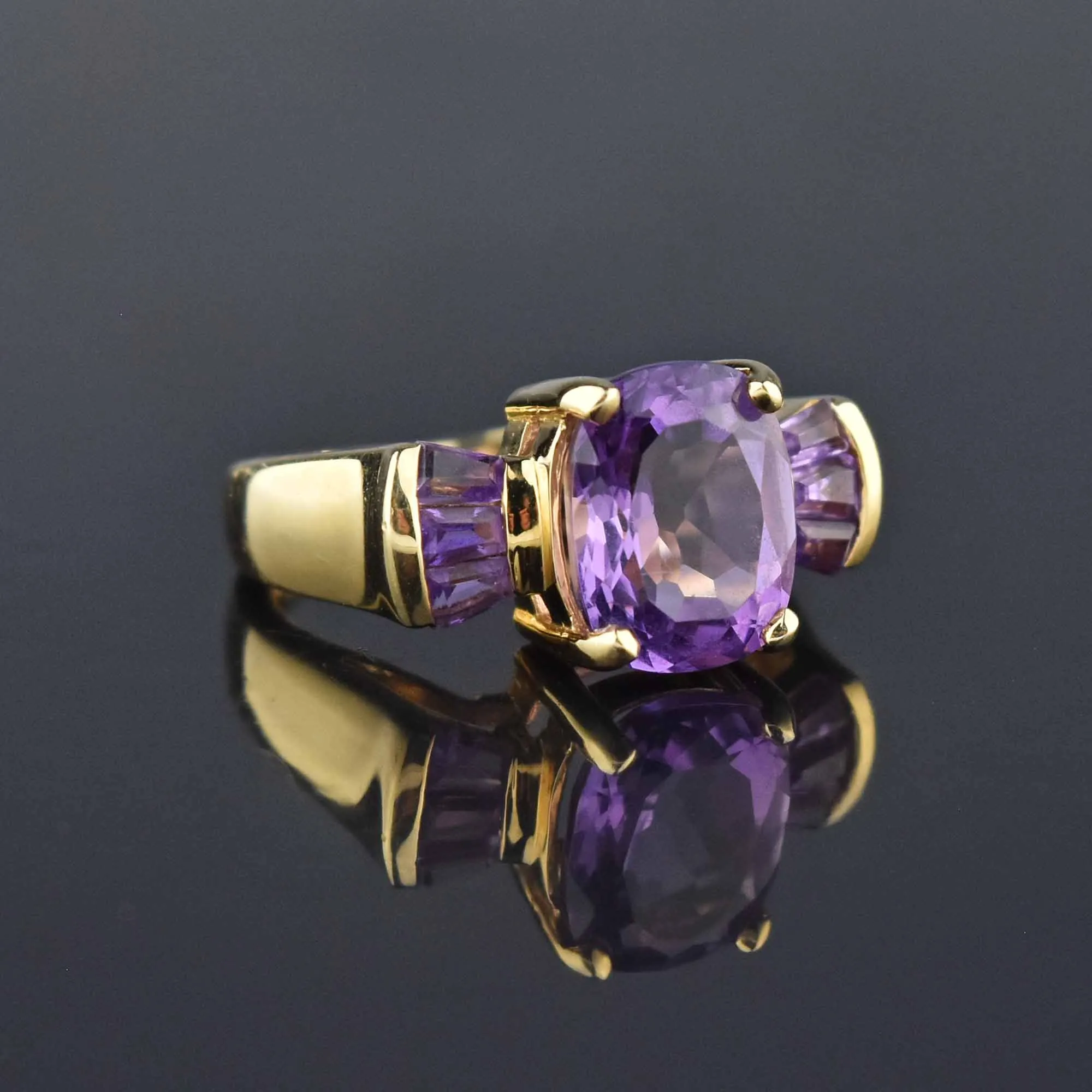 Oval Baguette Natural Amethyst 14K Gold Cocktail Ring