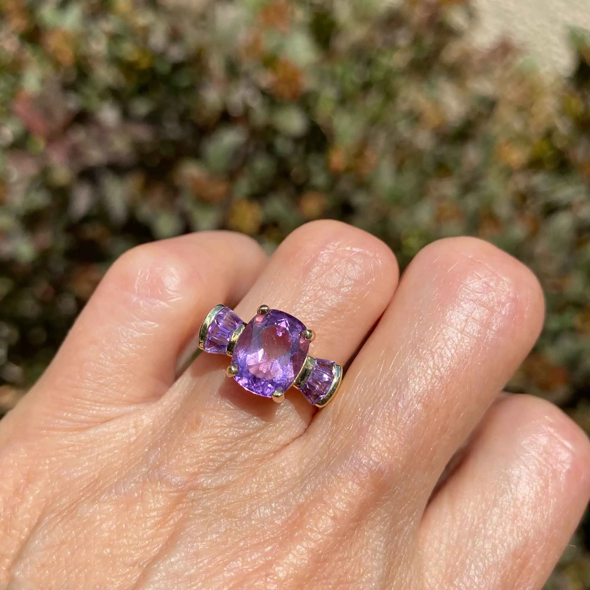 Oval Baguette Natural Amethyst 14K Gold Cocktail Ring