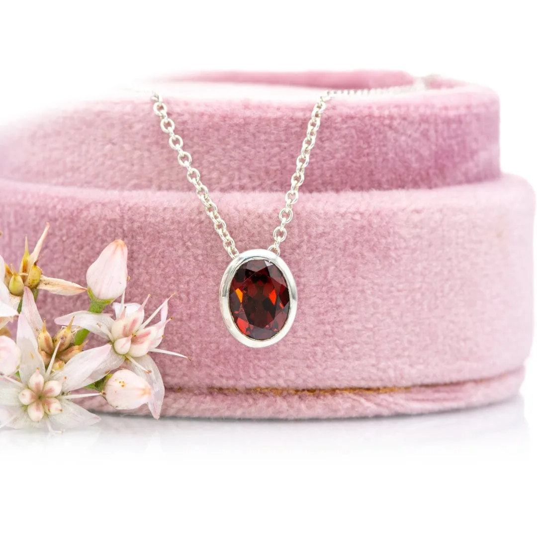 Oval Garnet Sterling Silver Slide Pendant Necklace, Ready to Ship