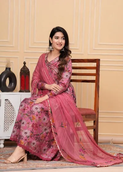 Pink Angharakha Style Muslin Designer Anarkali Suit Set