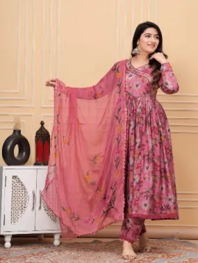 Pink Angharakha Style Muslin Designer Anarkali Suit Set