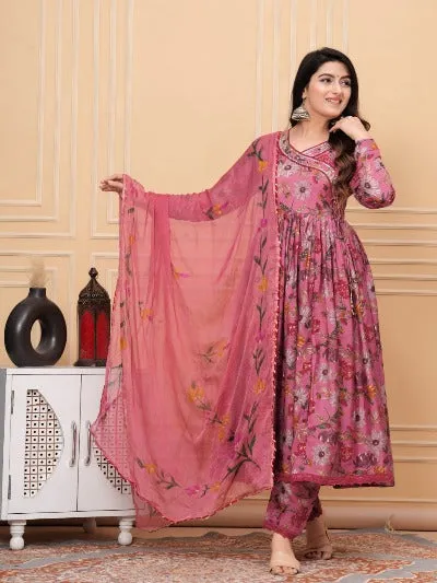 Pink Angharakha Style Muslin Designer Anarkali Suit Set