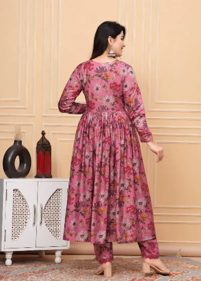 Pink Angharakha Style Muslin Designer Anarkali Suit Set