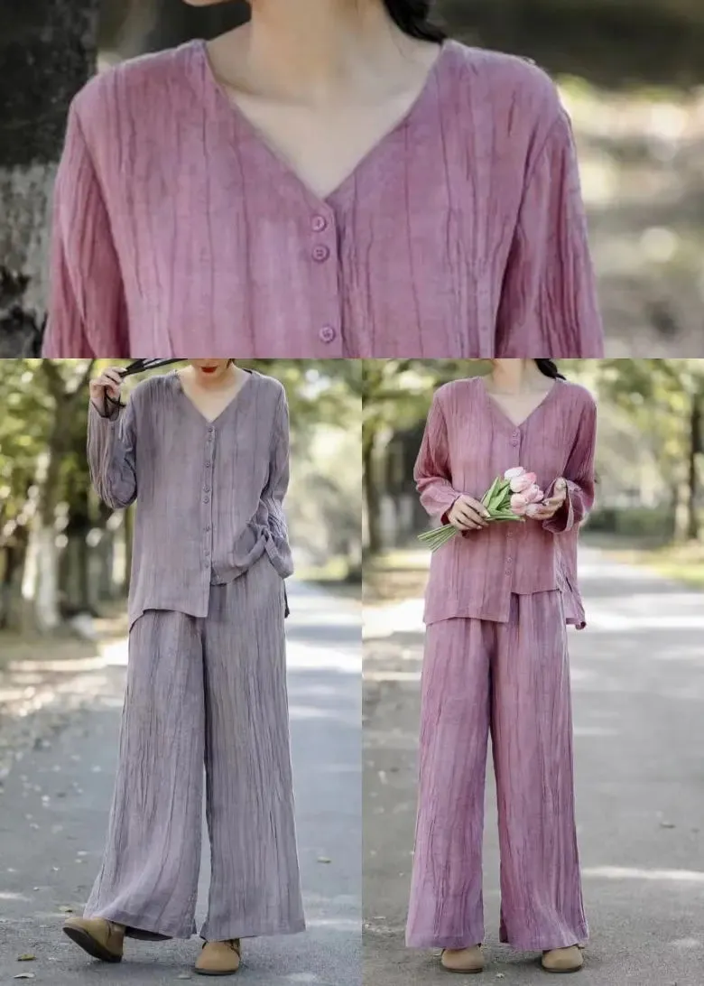 Pink Linen Two Piece Set Asymmetrical Wrinkled Spring HA1027