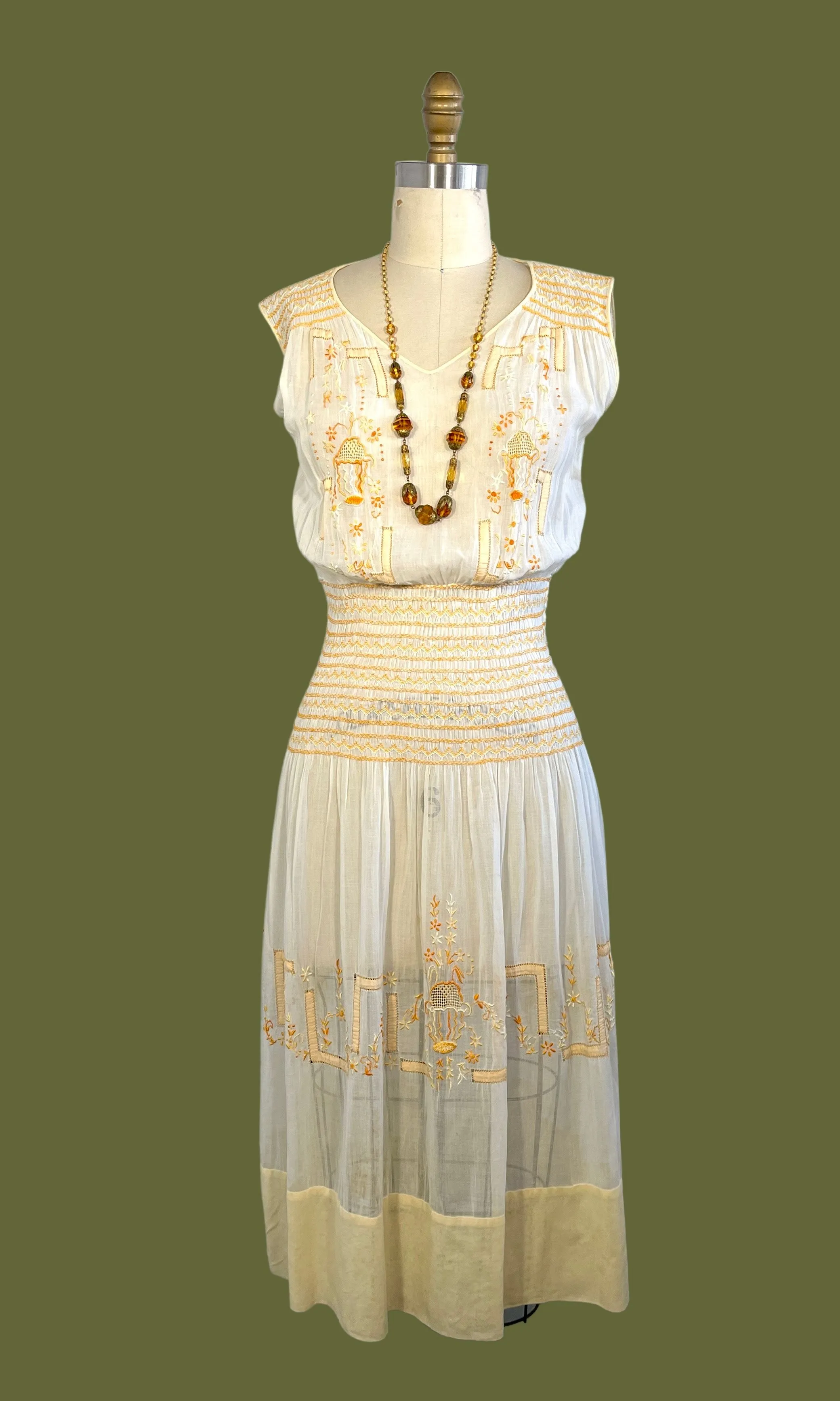 PLEASANT FOLK 1920s Hungarian Embroidered Smocked Dress  Small