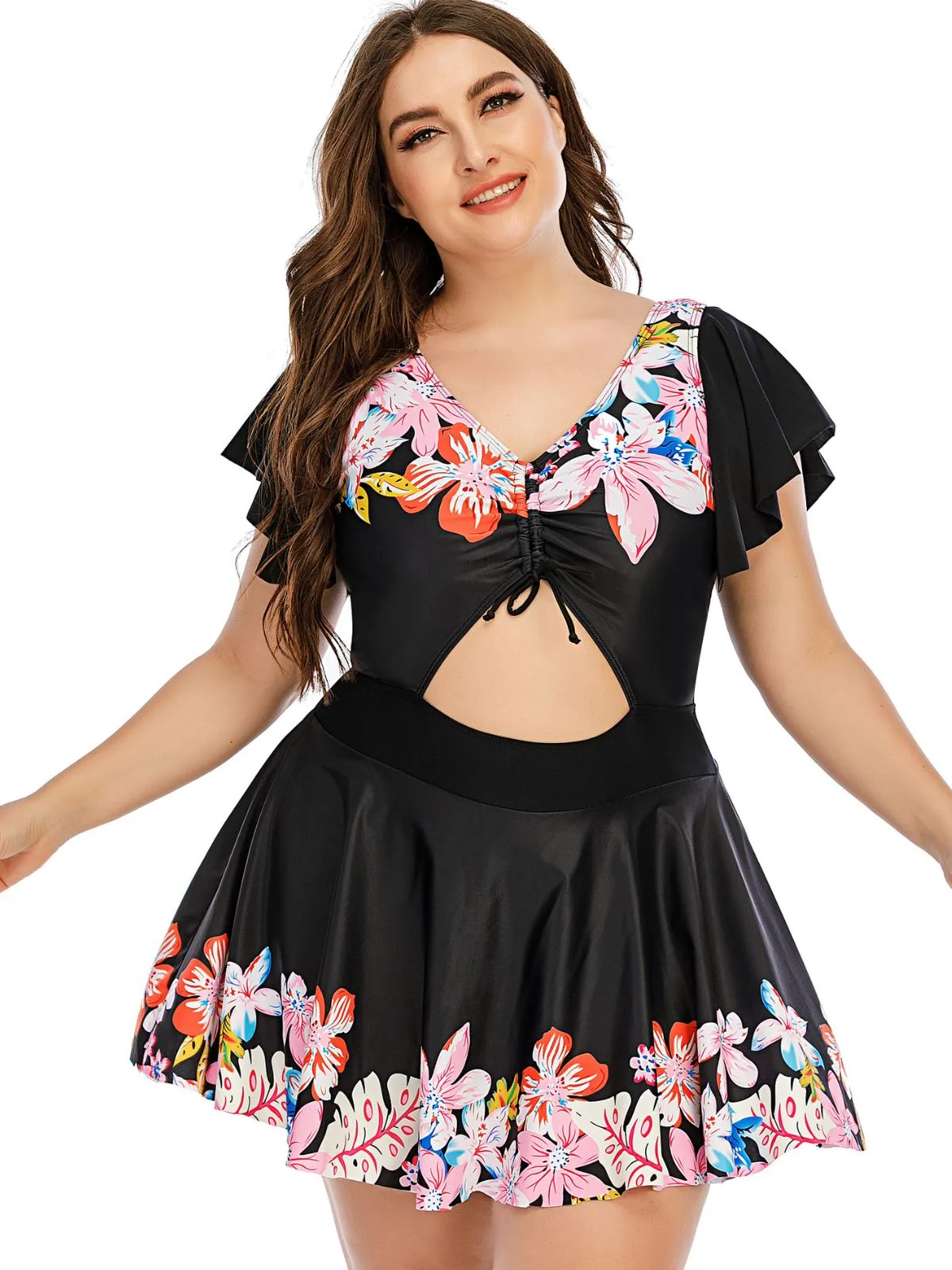 [Plus Size] Black 1950s Floral Ruffled Hollow Lace-Up Swimsuit