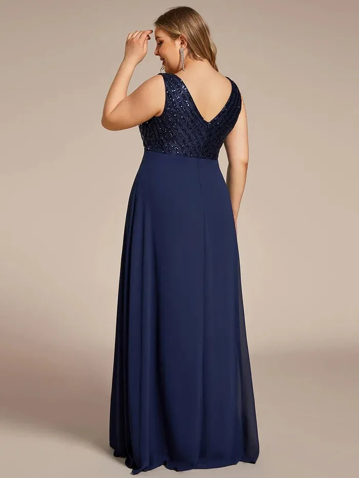 Plus-Sleeveless VNeck Sequin & Chiffon Evening Dress