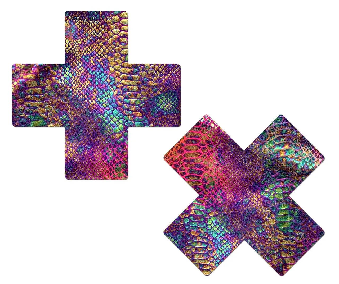 Plus X: Neon Rainbow Tie Dye Snake Print Cross Nipple Pasties