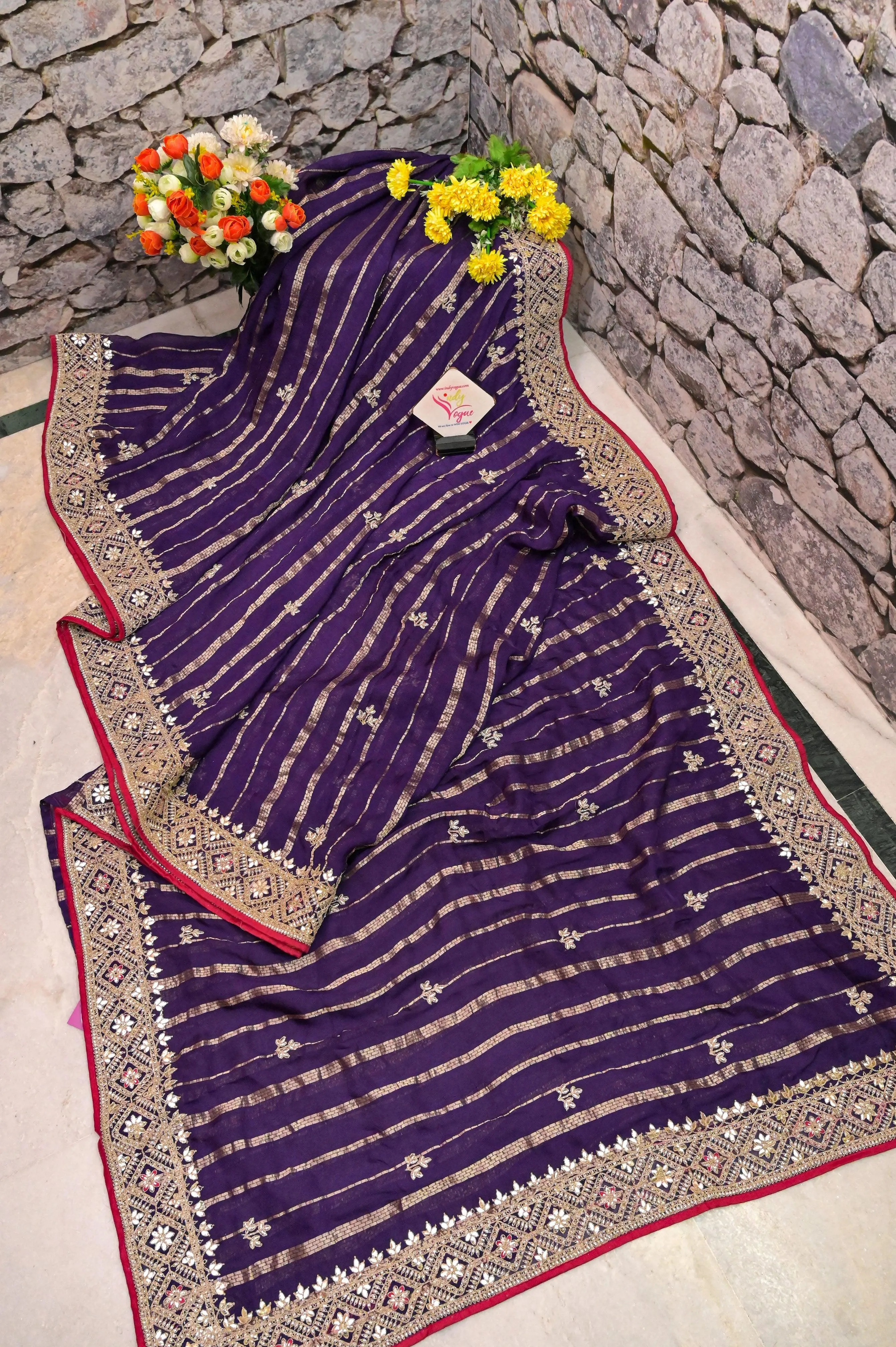 Purple Color Designer Georgette Saree with Zari Work and Piping Border