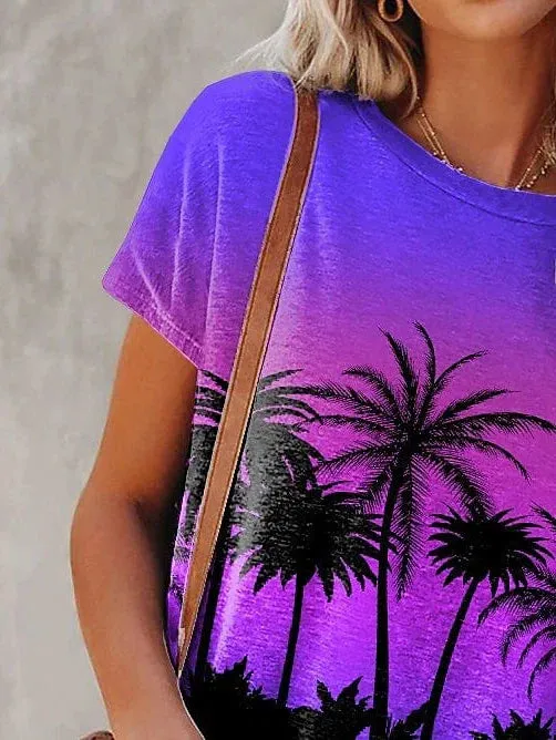 Purple Plants Print Women's Casual Holiday T-Shirt