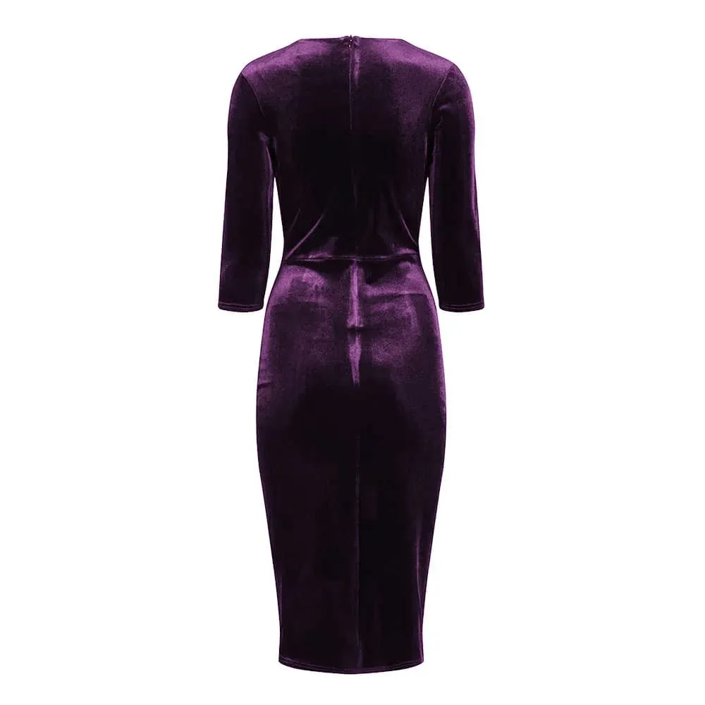 Purple Velour Deep V 3/4 Sleeve Bodycon Ruched Waist Wiggle Dress