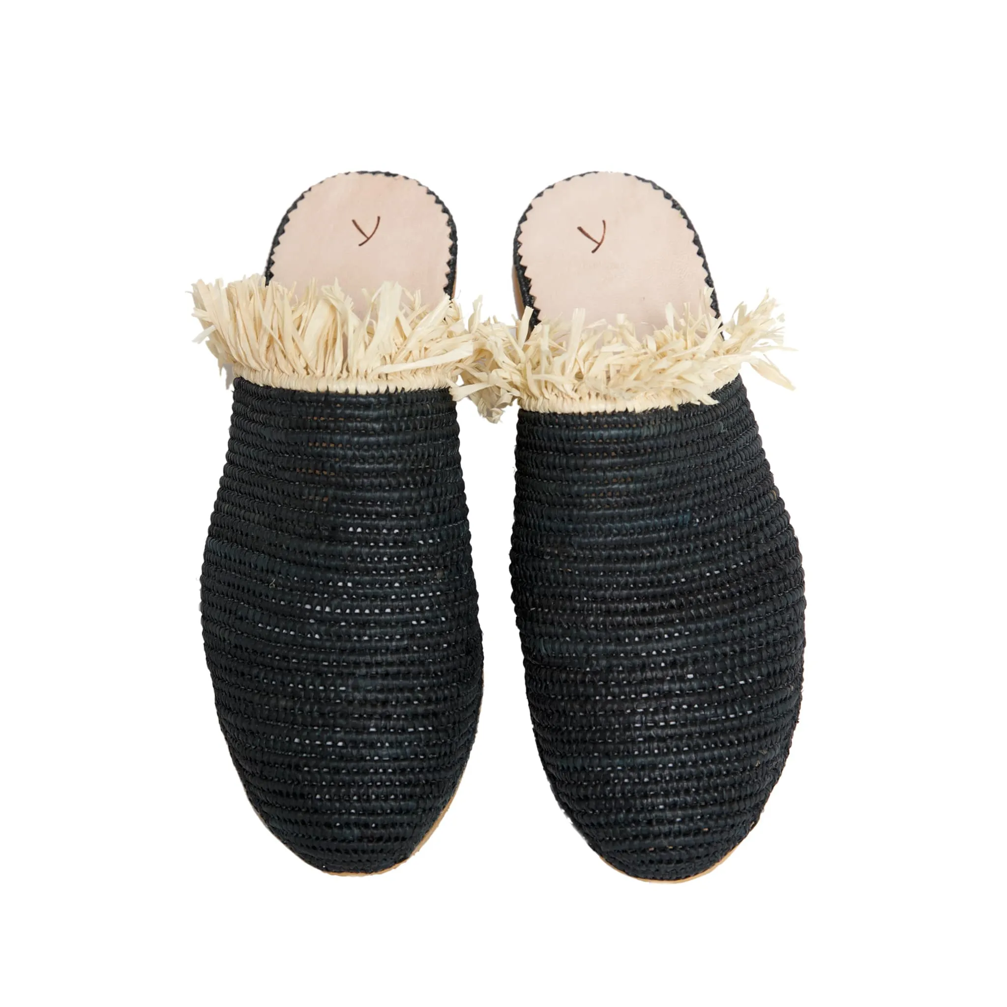 Raffia Slippers with Fringes in Black, Beige