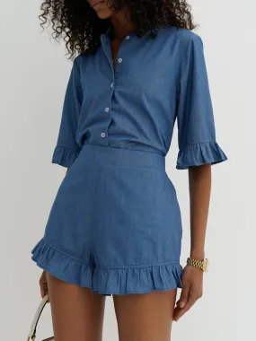 Riviera Chambray Frill Edge Short | Chalk Blue