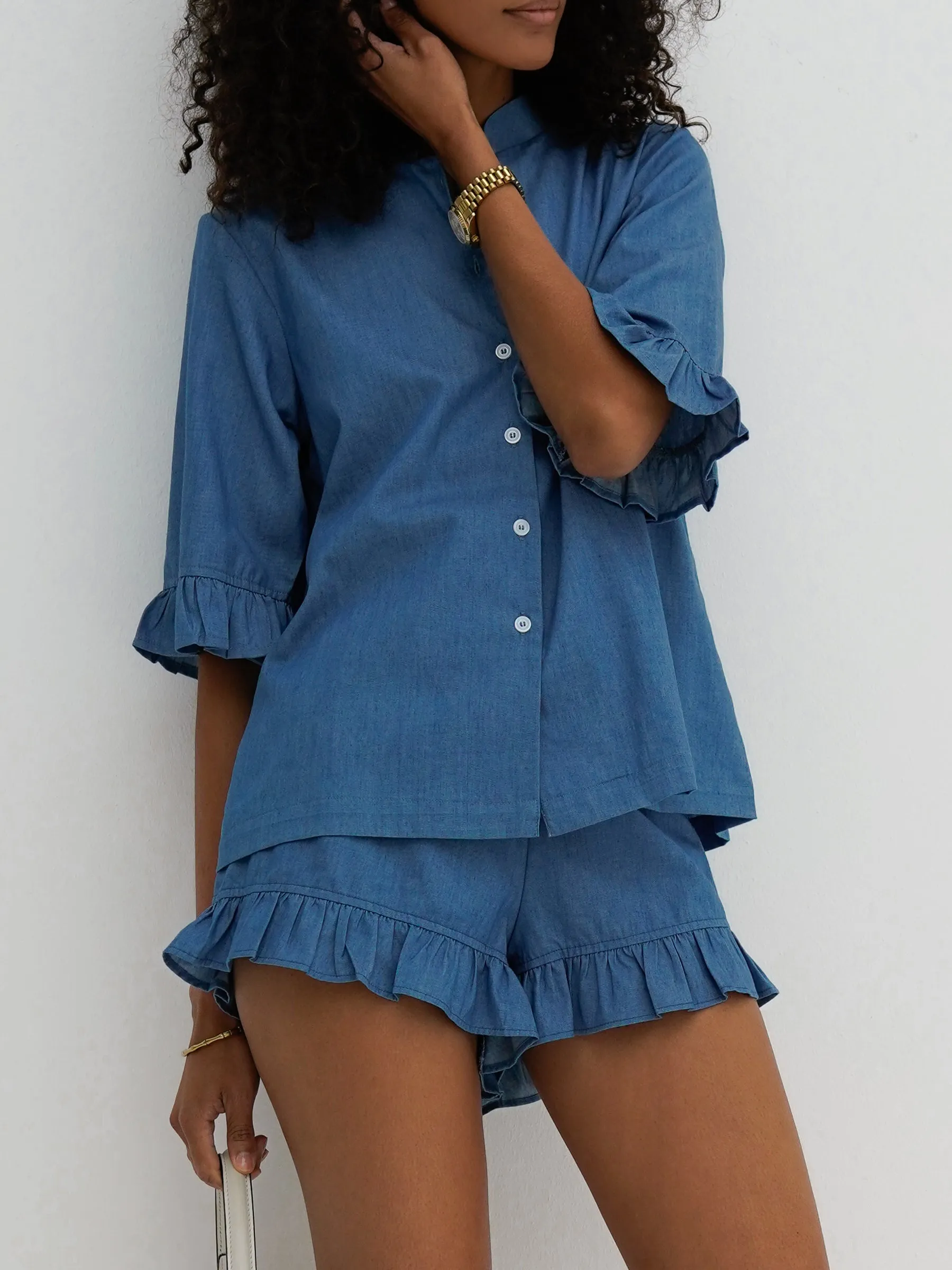 Riviera Chambray Frill Edge Short | Chalk Blue