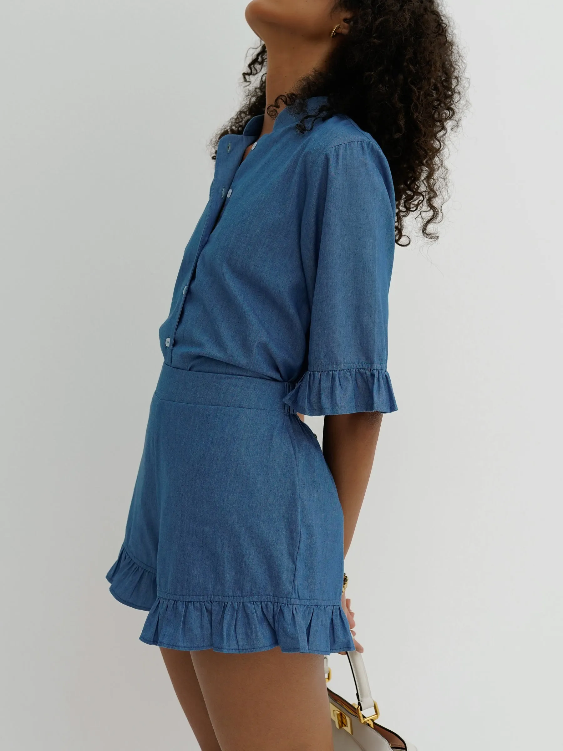 Riviera Chambray Frill Edge Short | Chalk Blue