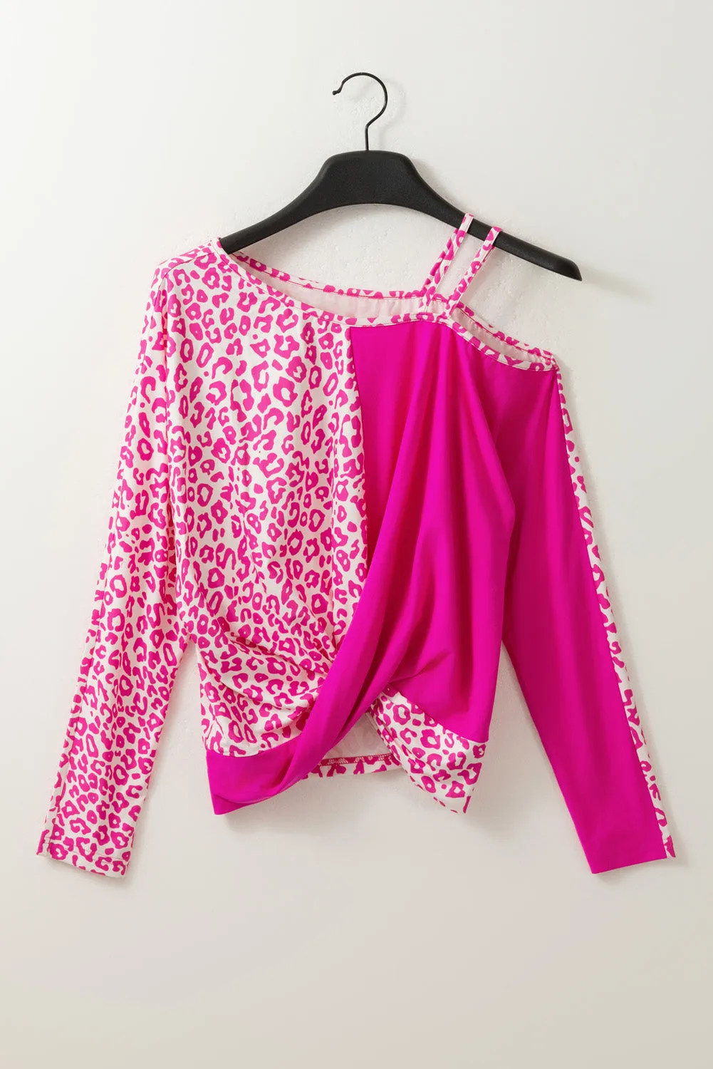 Rose Contrast Leopard Asymmetric Cold Shoulder Crossed Hem Top