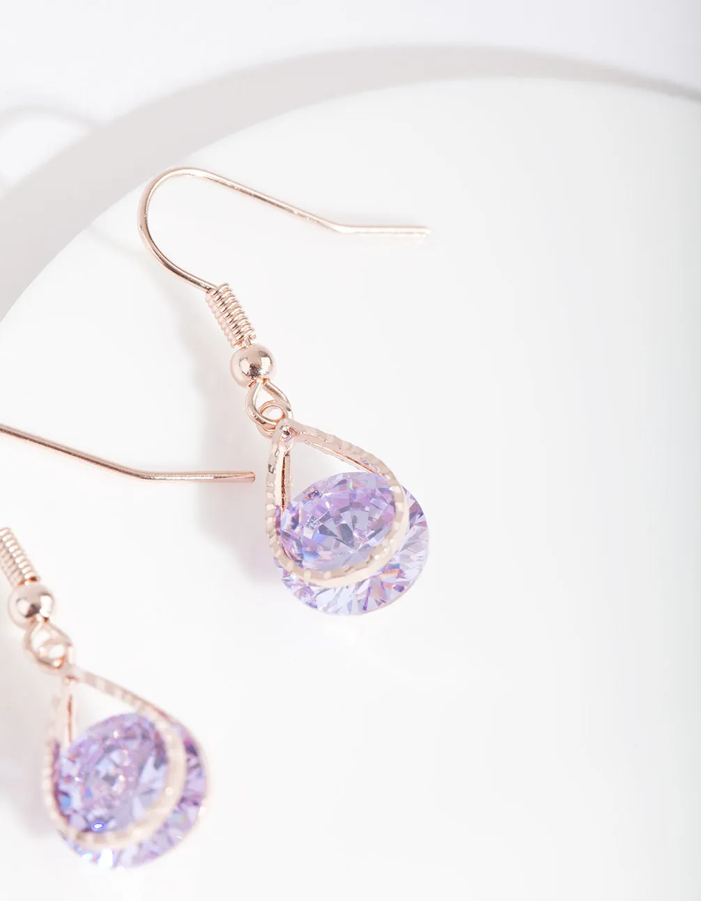 Rose Gold Cubic Zirconia Purple Diamante Teardrop Earrings