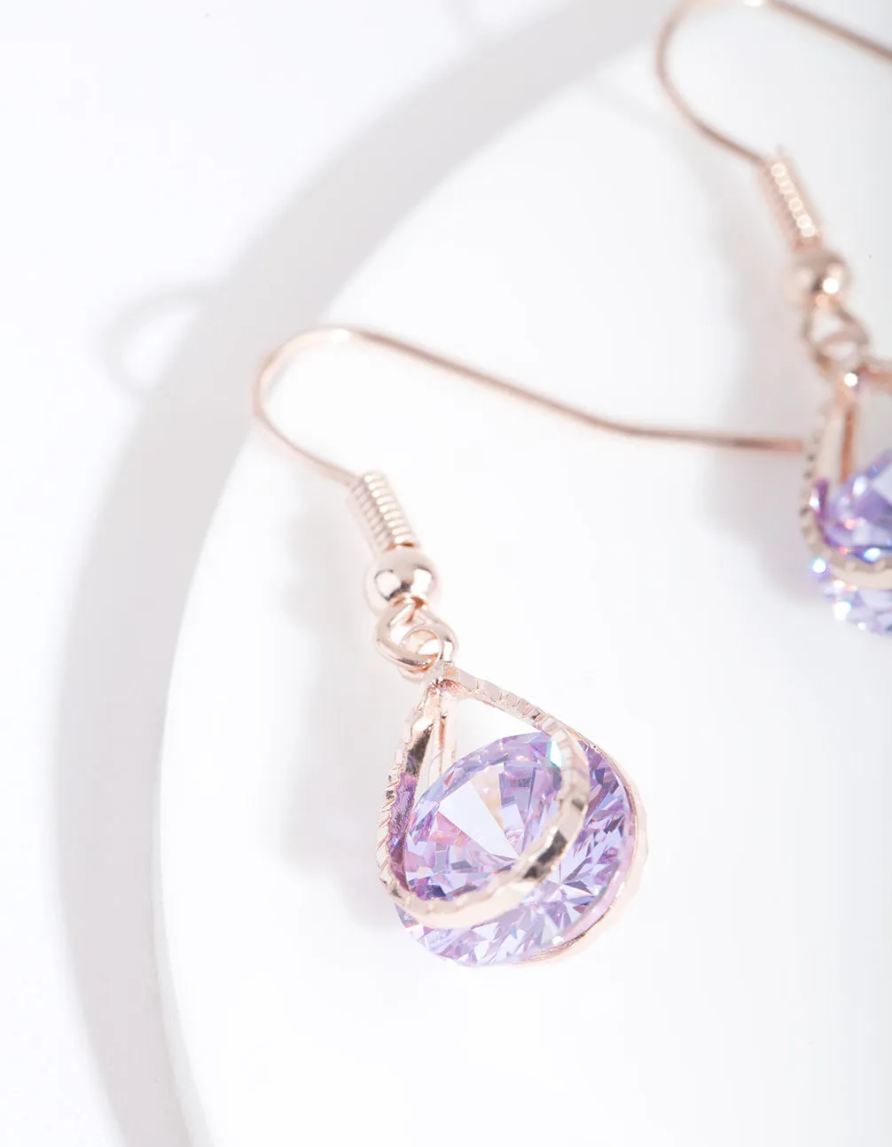 Rose Gold Cubic Zirconia Purple Diamante Teardrop Earrings