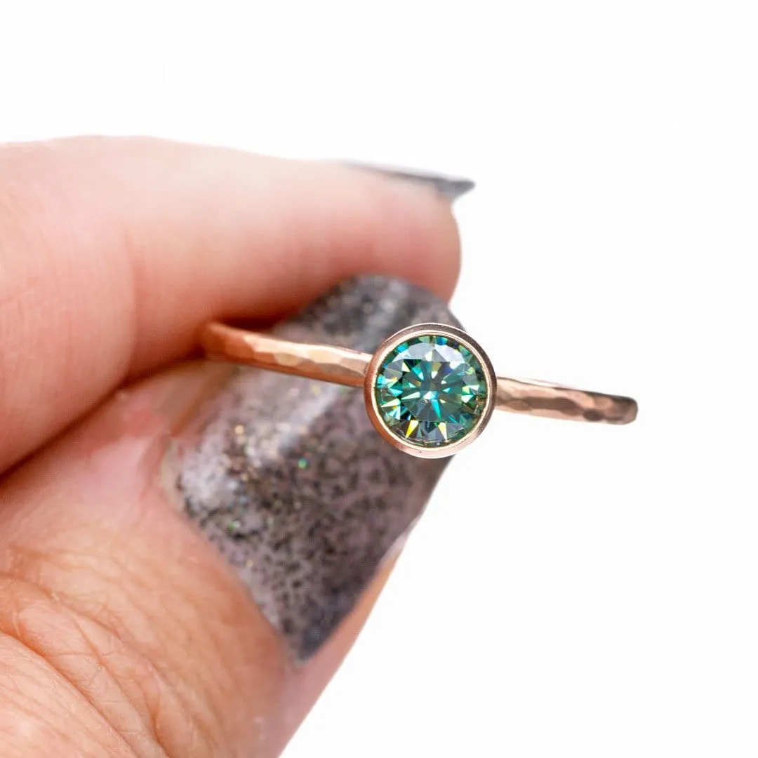 Round Teal Moissanite Martini Bezel Skinny Hammer Textured Stacking Solitaire Ring