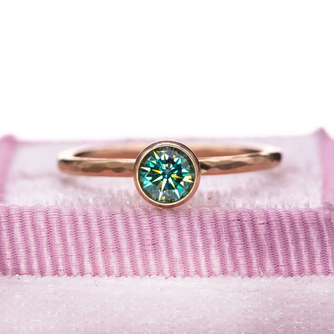 Round Teal Moissanite Martini Bezel Skinny Hammer Textured Stacking Solitaire Ring