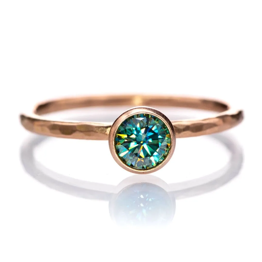 Round Teal Moissanite Martini Bezel Skinny Hammer Textured Stacking Solitaire Ring