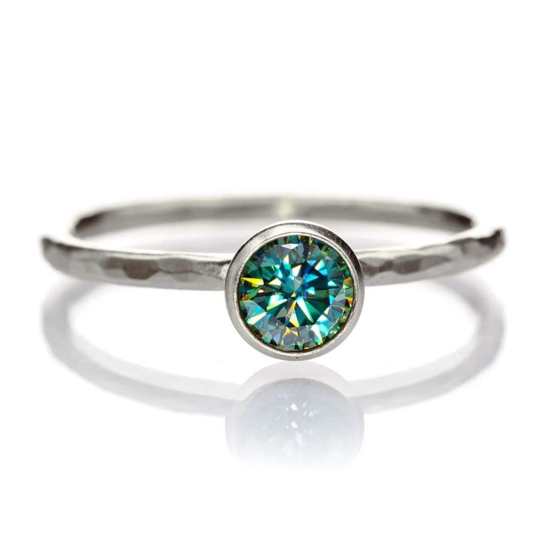 Round Teal Moissanite Martini Bezel Skinny Hammer Textured Stacking Solitaire Ring