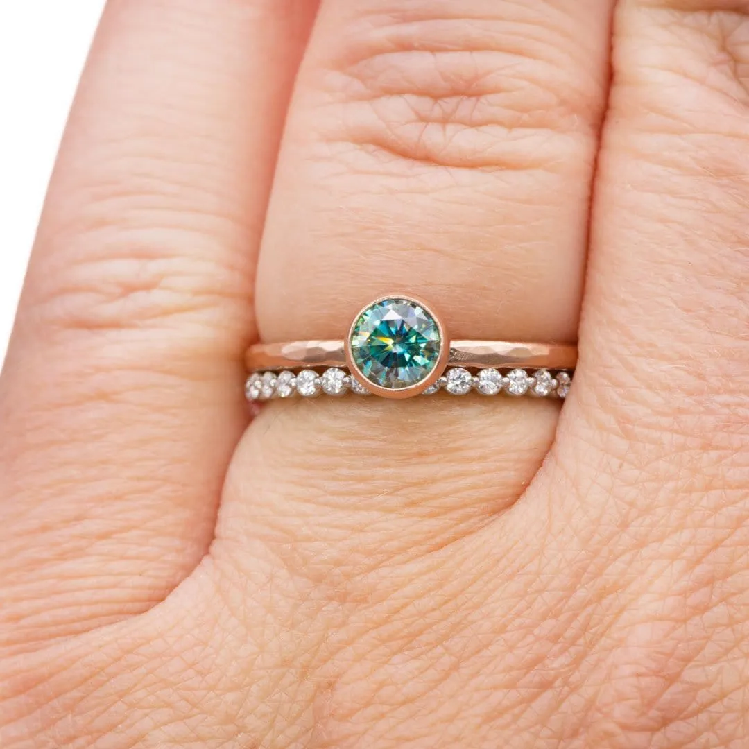 Round Teal Moissanite Martini Bezel Skinny Hammer Textured Stacking Solitaire Ring