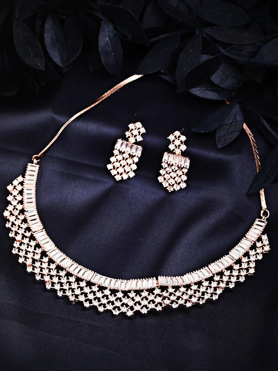 Rubans Rose Gold Plated Handcrafted AD Studded Necklace Set