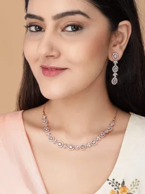 Rubans Simple Gold Toned CZ Necklace Set with Long Earrings