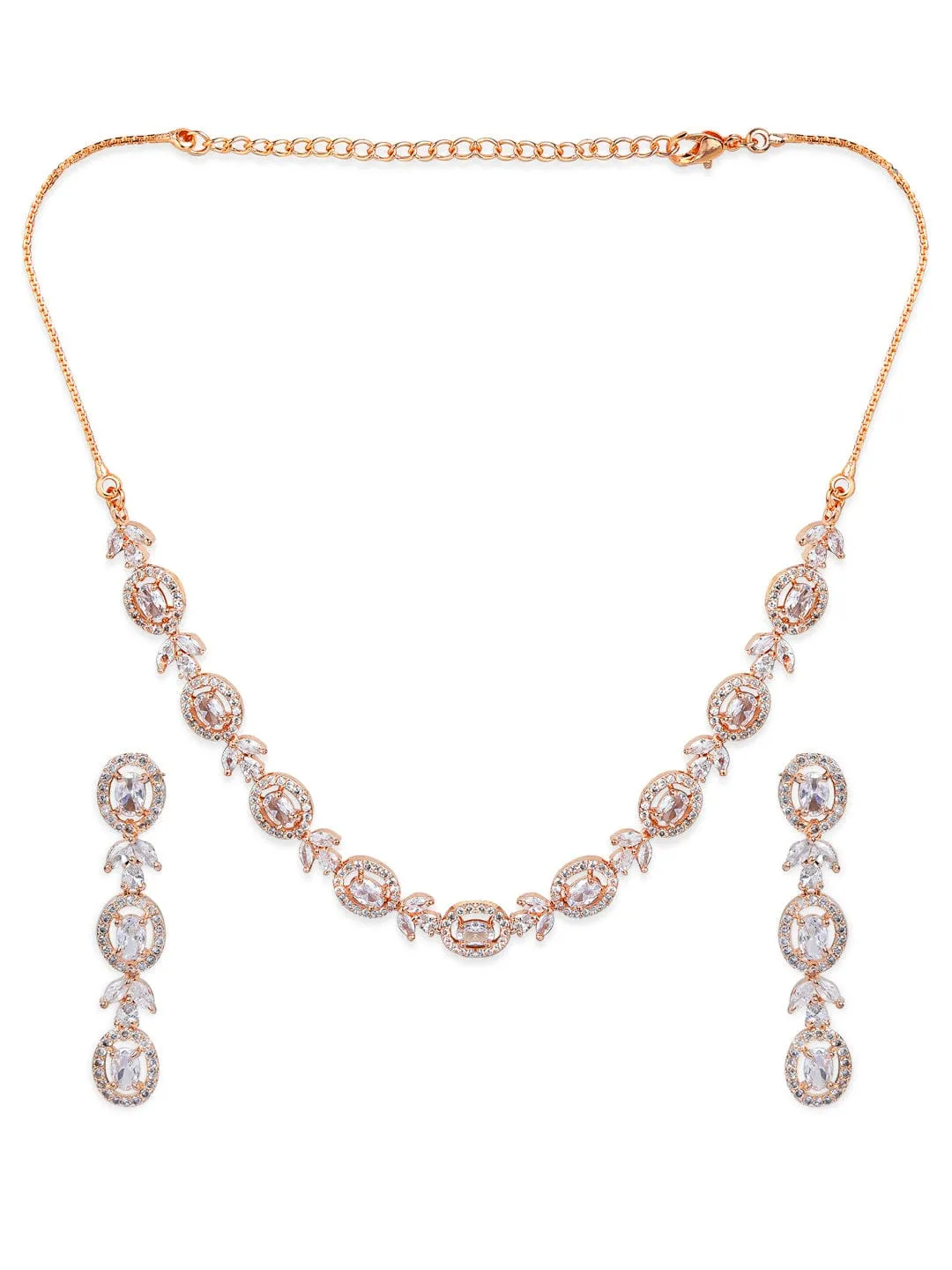 Rubans Simple Gold Toned CZ Necklace Set with Long Earrings