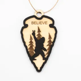 Rustic Wooden Arrowhead Ornament - Believe with Bigfoot Peace Sign