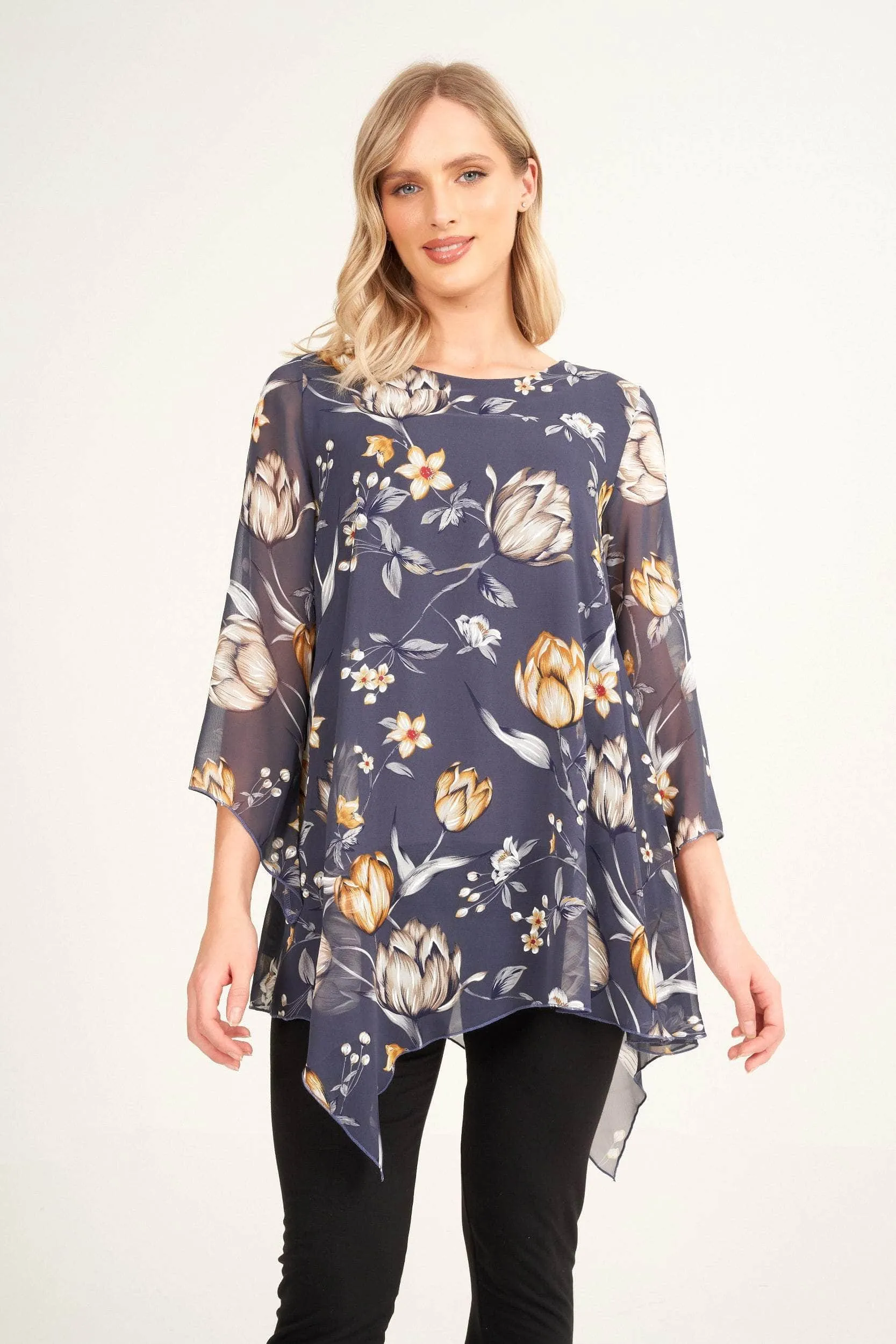 Saloos Lined Floral Print Chiffon Tunic Top