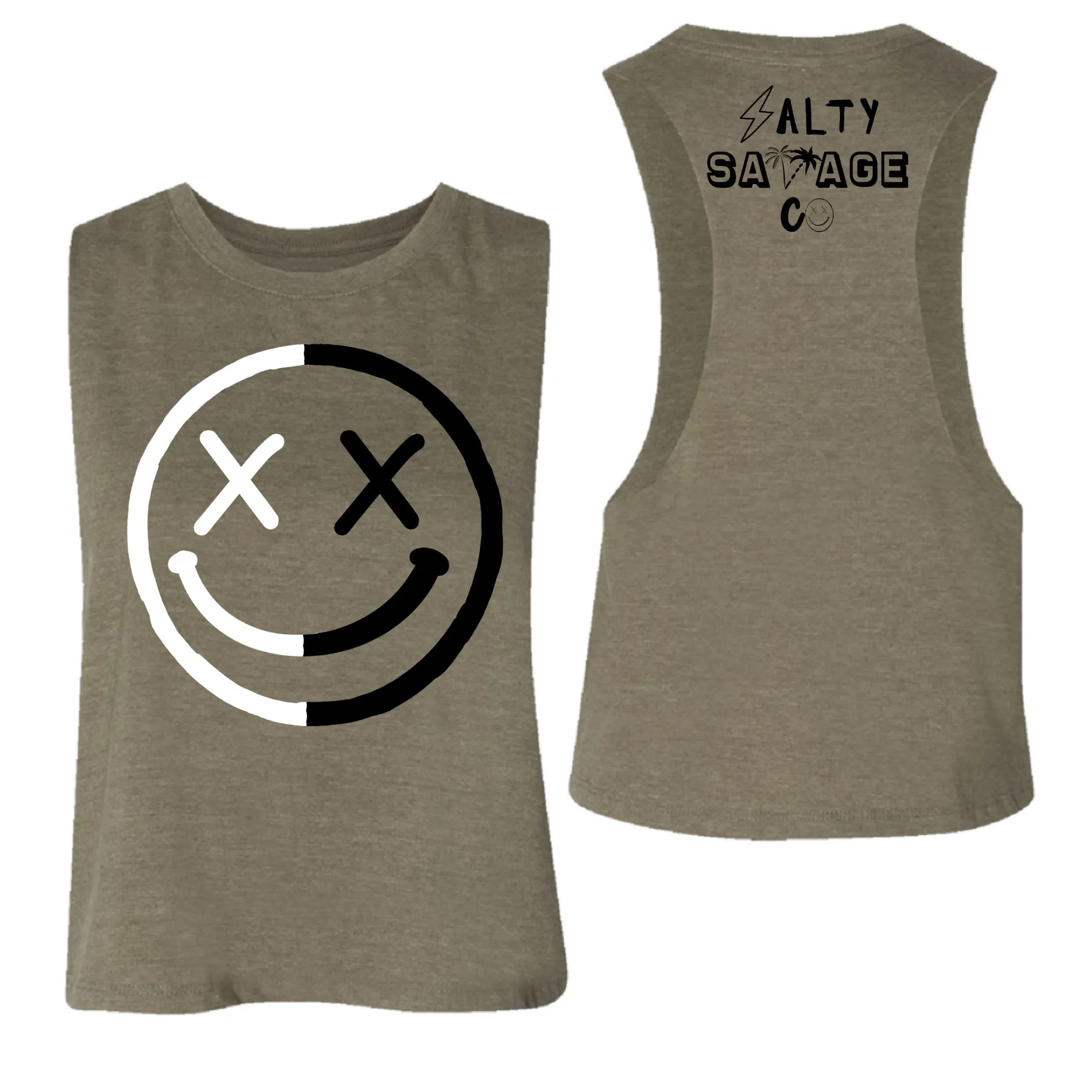 Salty Savage Ladies "OG Smile" Flowy Racerback Crop Tank l Yin Yang Edition