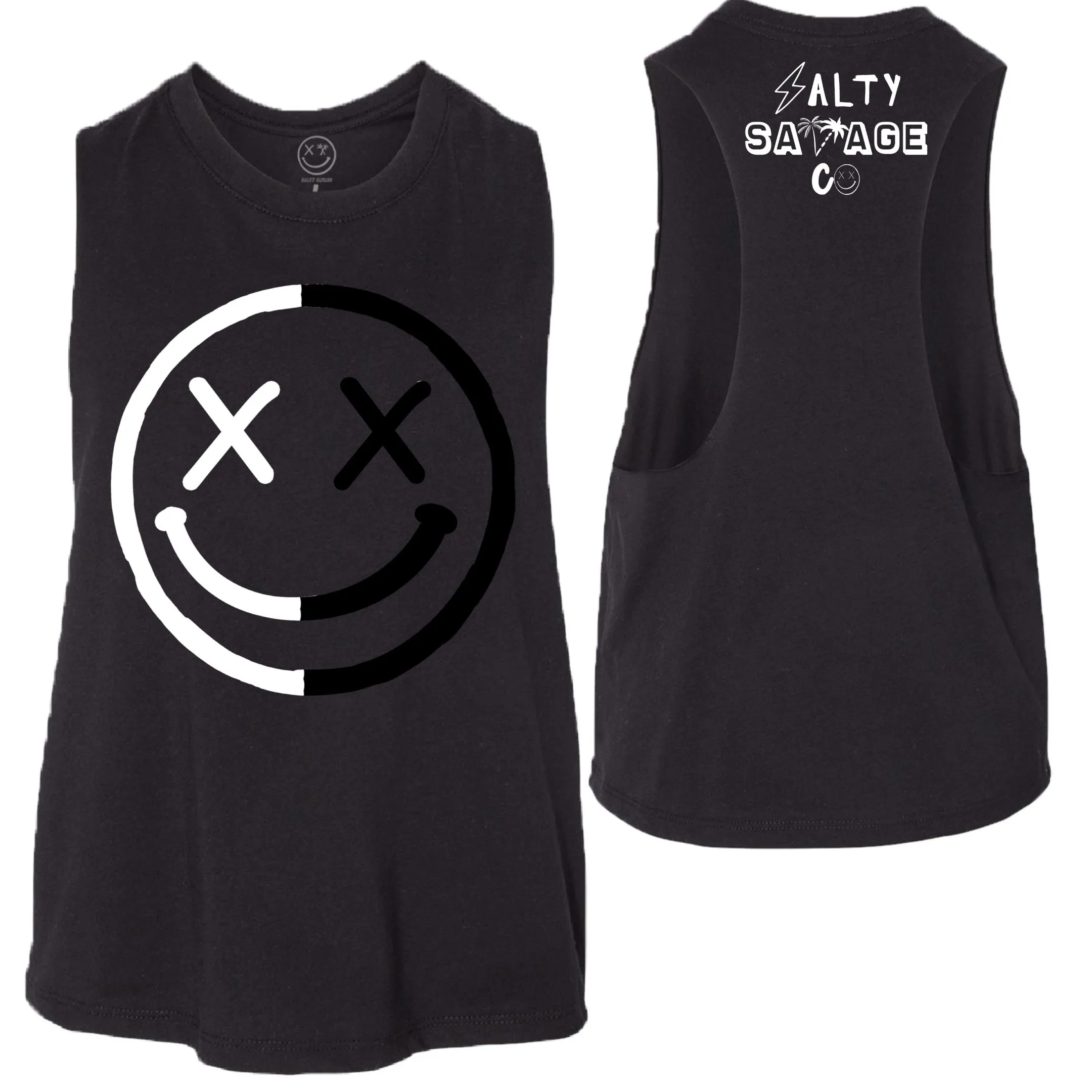 Salty Savage Ladies "OG Smile" Flowy Racerback Crop Tank l Yin Yang Edition