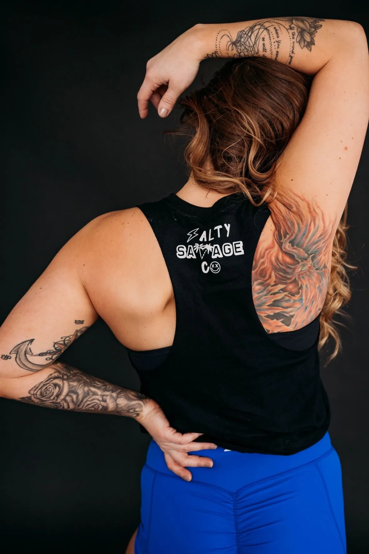 Salty Savage Ladies "OG Smile" Flowy Racerback Crop Tank l Yin Yang Edition