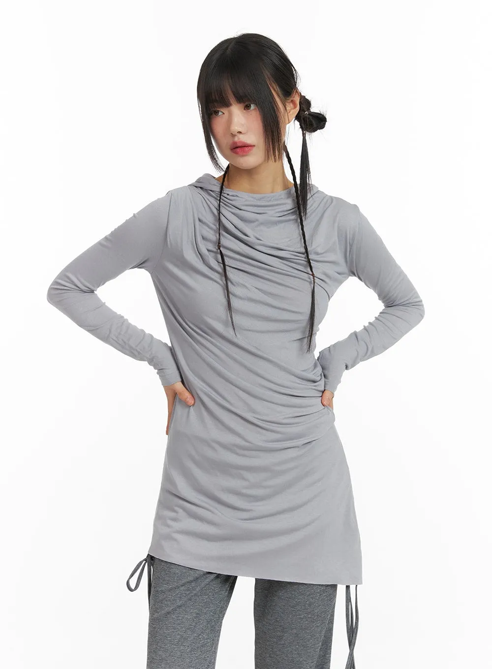 Shirred Hooded Long Sleeve Dress CF422