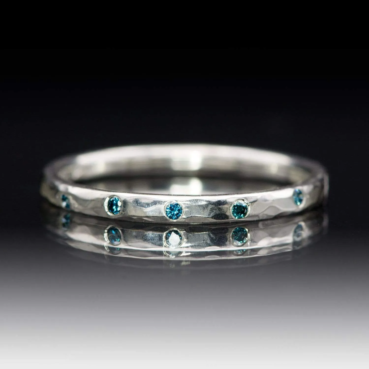 Skinny Teal Diamond Wedding Ring Thin Hammered Texture Wedding Band