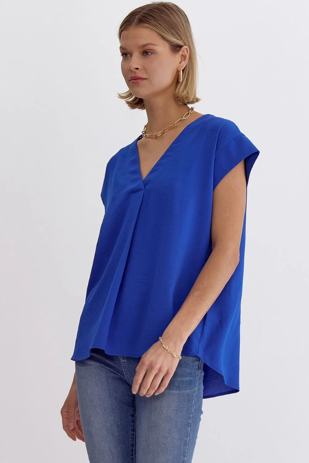 Solid V-neck Short Sleeve Placket Detail Top