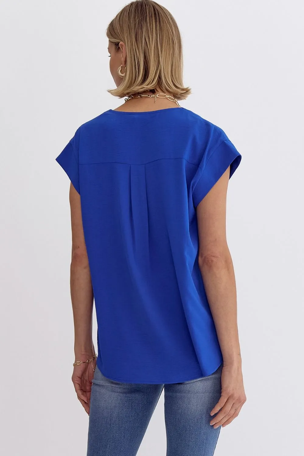 Solid V-neck Short Sleeve Placket Detail Top