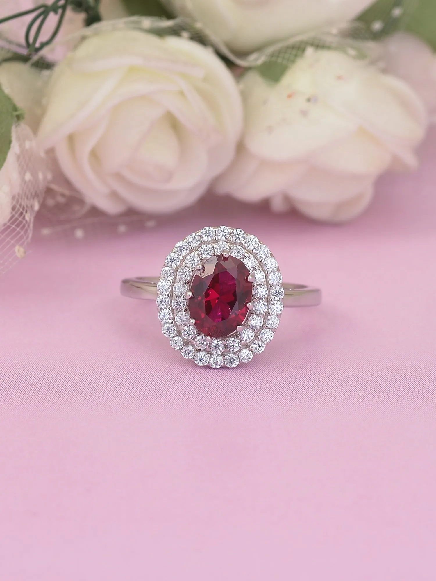 Solitaire Ruby 925 Sterling Silver Halo Ring