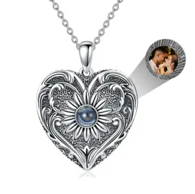 Sterling Silver Sunflower Necklace 100 Languages Projection Stone Personalize Heart Photo Pendant Necklace