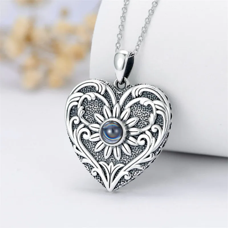 Sterling Silver Sunflower Necklace 100 Languages Projection Stone Personalize Heart Photo Pendant Necklace