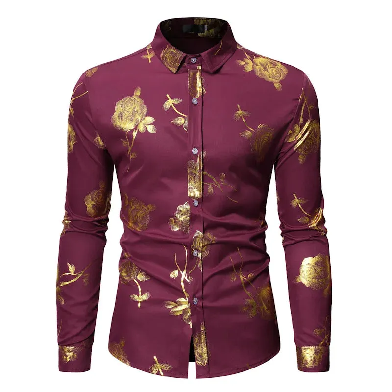 Stylish Rose Floral Gold Print Pink Shirt Men's Slim Fit Long Sleeve Dress Shirts Club Party Wedding Camisa Social